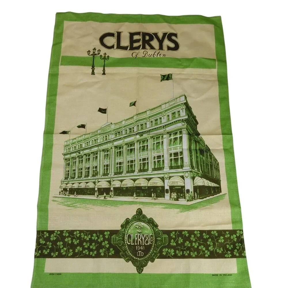 Vtg Clerys of Dublin Ireland Tea Towel Kitchen Bar Shamrocks Irish 29x19